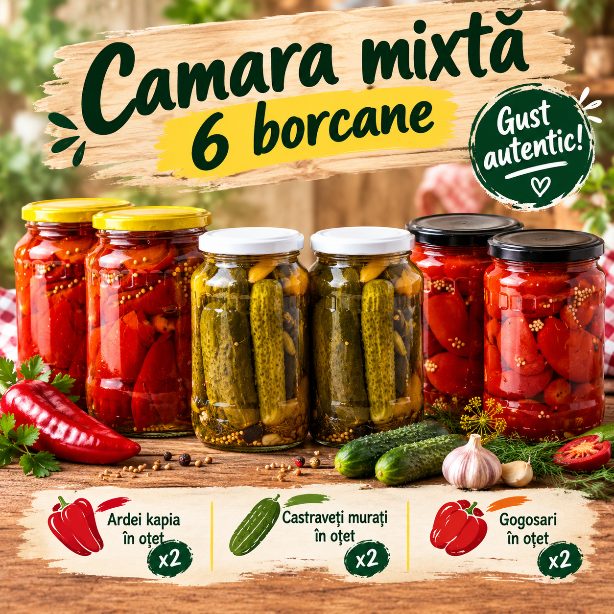 PACHET CAMARA MIXTA: 2 borcane de castraveți in otet, 2 borcane de gogosari in otet si 2 borcane de ardei kapia in otet.