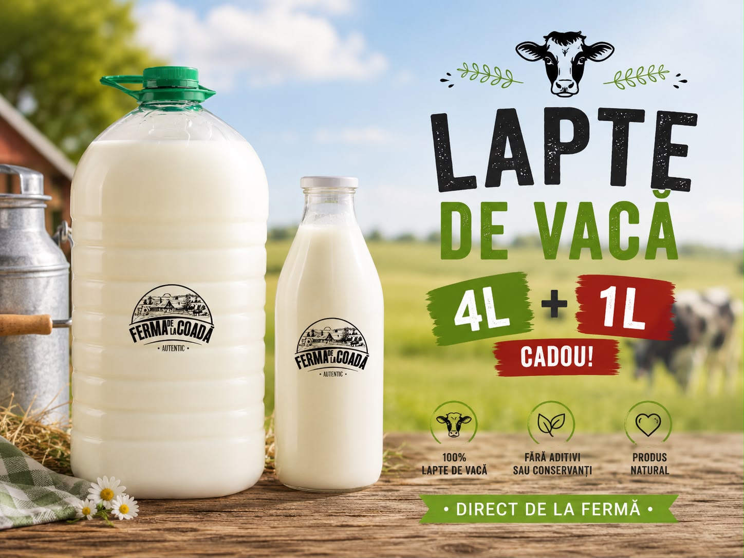 Lapte proaspăt de vacă 4L+1L gratuit